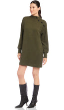 Load image into Gallery viewer, Woman wearing a green dress with buttons on a white background
