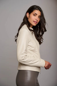 Model wearing Rino & Pelle - Javy Jacket in Stone.