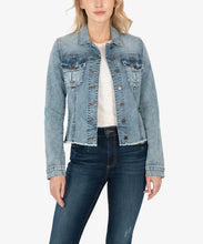 Load image into Gallery viewer, Model wearing KUT From The Kloth - Kara No Waist with Fray Jacket in Standard Wash.
