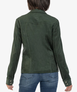 Model wearing Kut from the Kloth - Lillee Button Down W/Flap Pockets Jacket in Hunter - back.