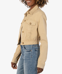 Model wearing Kut from the Kloth - Rumi Cropped Trucker Jacket in Khaki.