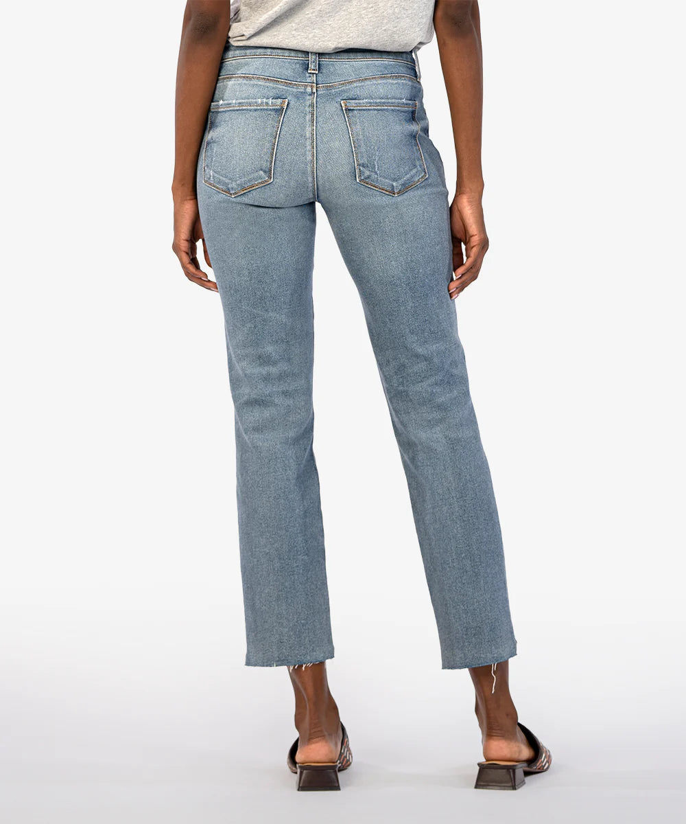 Model wearing KUT From The Kloth Reese Ankle Straight Leg w/Raw Step Hem KP0937MB5 in Operated - back.