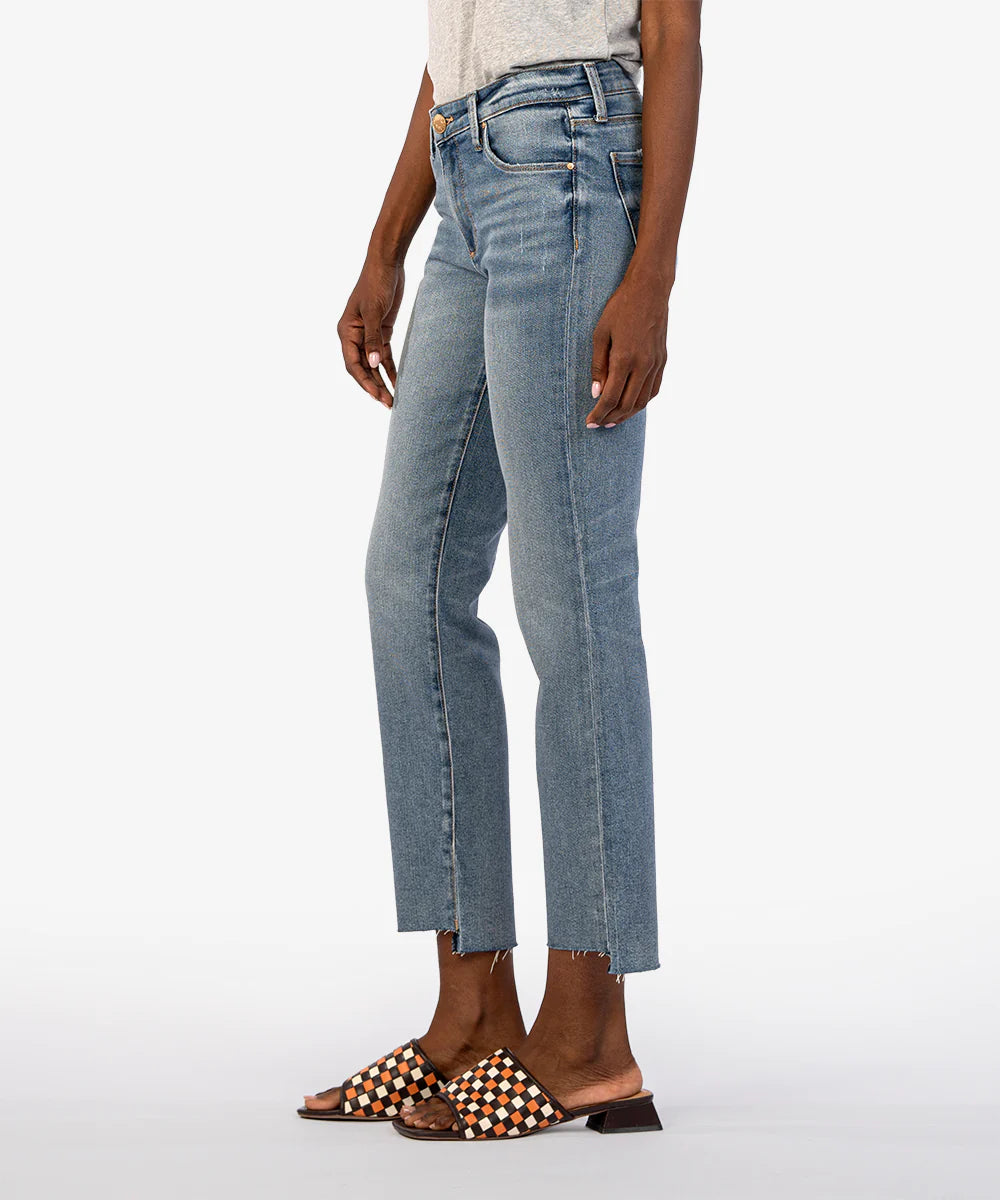 Model wearing KUT From The Kloth Reese Ankle Straight Leg w/Raw Step Hem KP0937MB5 in Operated.