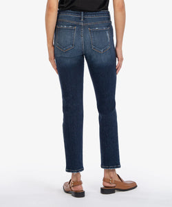 Model wearing  KUT From The Kloth Reese High Rise FAB AB Ankle Straight Reg Hem Jean KP1610MB3 in Enchantment - back.