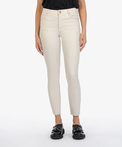 Model wearing KUT From The Kloth Charlize Coated High Rise Cigarette Leg Raw Hem Jean KP1738MA4 in Champagne.
