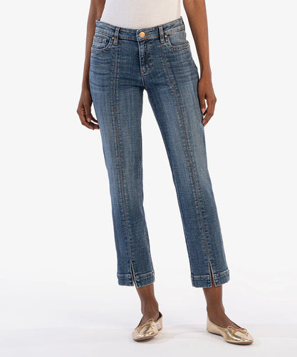 Model wearing Kut From The Kloth - Stevie Straight Leg - Princess Seam at Frt w/ Slit in Evaluate w/ Dk Base Wash.