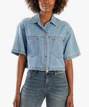 Load image into Gallery viewer, Model wearing Kut from the Kloth - Birdie Button Down Crop Shirt in Medium Wash.
