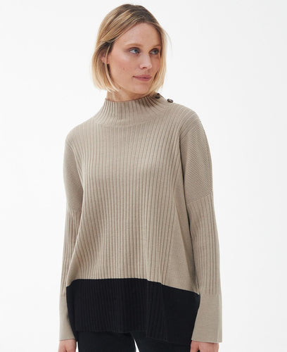 Model wearing Barbour Amal Knit Sweater in Lt. Fawn.