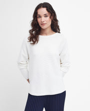 Load image into Gallery viewer, Model wearing Barbour Marine Knitted Jumper (sweater) in Cloud.
