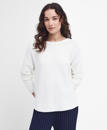 Model wearing Barbour Marine Knitted Jumper (sweater) in Cloud.