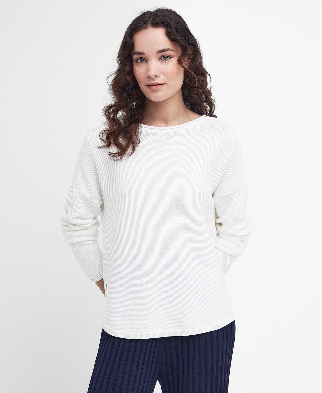 Model wearing Barbour Marine Knitted Jumper (sweater) in Cloud.