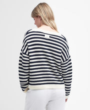 Load image into Gallery viewer, Model wearing Barbour Sandgate Knitted Cardigan in Multistripe - back.
