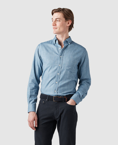 Model wearing Rodd & Gunn - Barrhill Sports Fit Shirt in Chambray.