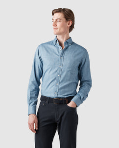 Model wearing Rodd & Gunn - Barrhill Sports Fit Shirt in Chambray.