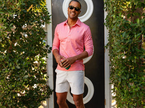 Model wearing Criquet Anytime Shorts in Lunar Rock.