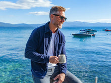 Load image into Gallery viewer, Model wearing Criquet - Velour Rib Knit Pearl Snap Button Down in Navy.
