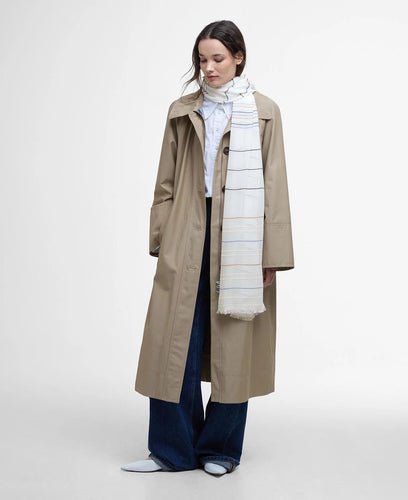 Model wearing Barbour Erica Stripe Scarf in Breeze Blue/Cloud.