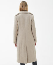 Load image into Gallery viewer, Model wearing Barbour Inverraray Wool Coat in Light Fawn - back.
