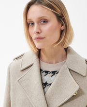 Load image into Gallery viewer, Model wearing Barbour Inverraray Wool Coat in Light Fawn.
