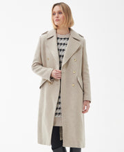 Load image into Gallery viewer, Model wearing Barbour Inverraray Wool Coat in Light Fawn.
