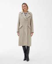 Load image into Gallery viewer, Model wearing Barbour Inverraray Wool Coat in Light Fawn.
