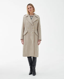 Model wearing Barbour Inverraray Wool Coat in Light Fawn.