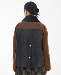 Model wearing Barbour Premium Catton Wax in Tan/Dark Classic - back