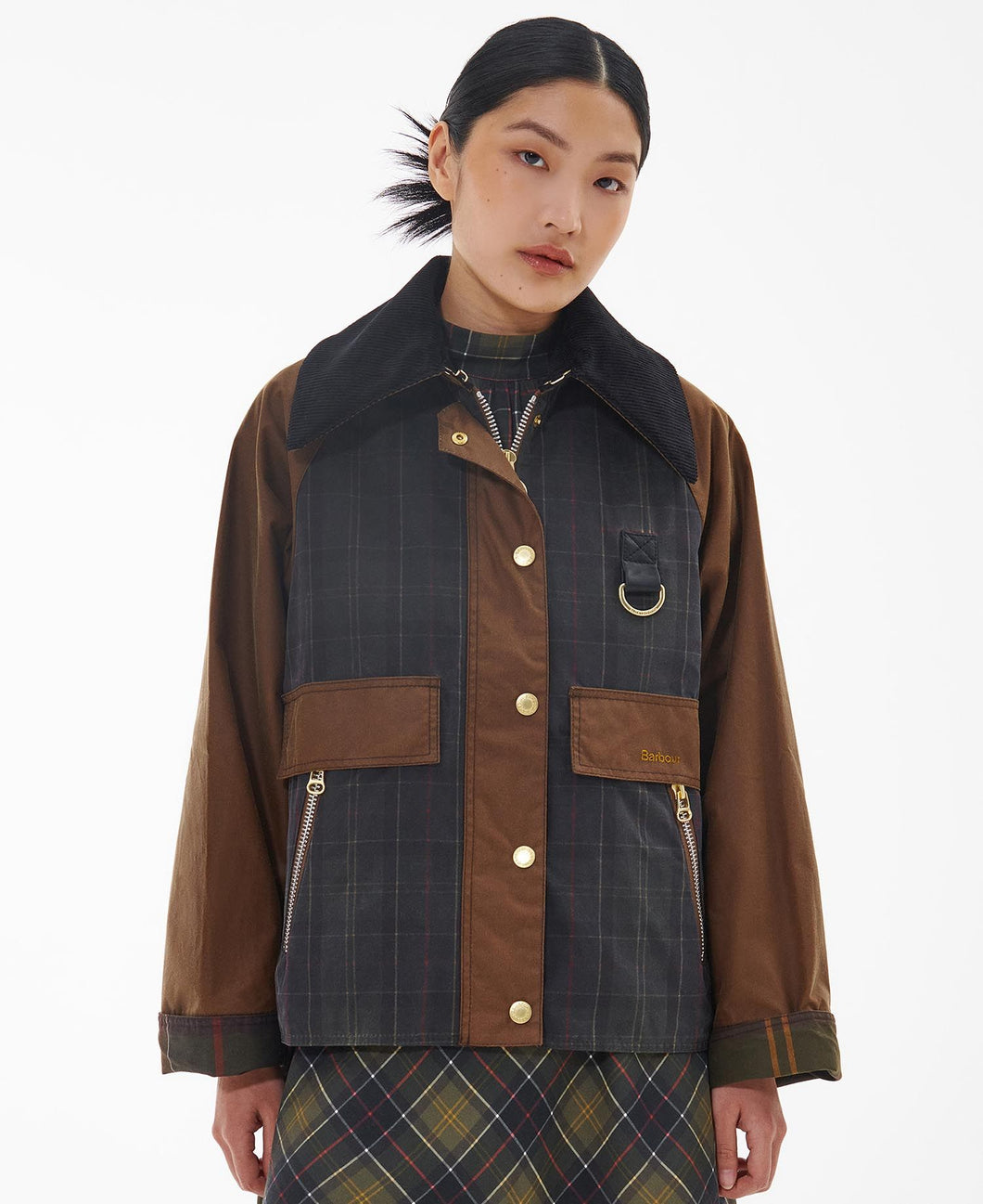 Model wearing Barbour Premium Catton Wax in Tan/Dark Classic