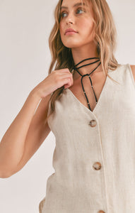 Model wearing Sadie & Sage - La Luna Linen Blend Vest Top in Oatmeal.