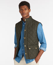 Load image into Gallery viewer, Model wearing Barbour Lowerdale Gilet in Sage.
