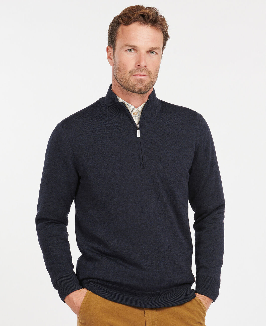 Model wearing Barbour Gamlin Half Zip Sweater in Navy.