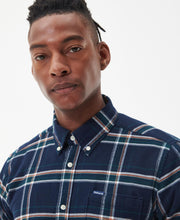 Load image into Gallery viewer, Model wearing Barbour Ronan Tailored Check Shirt in Inky Blue.
