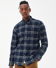 Load image into Gallery viewer, Model wearing Barbour Ronan Tailored Check Shirt in Inky Blue.
