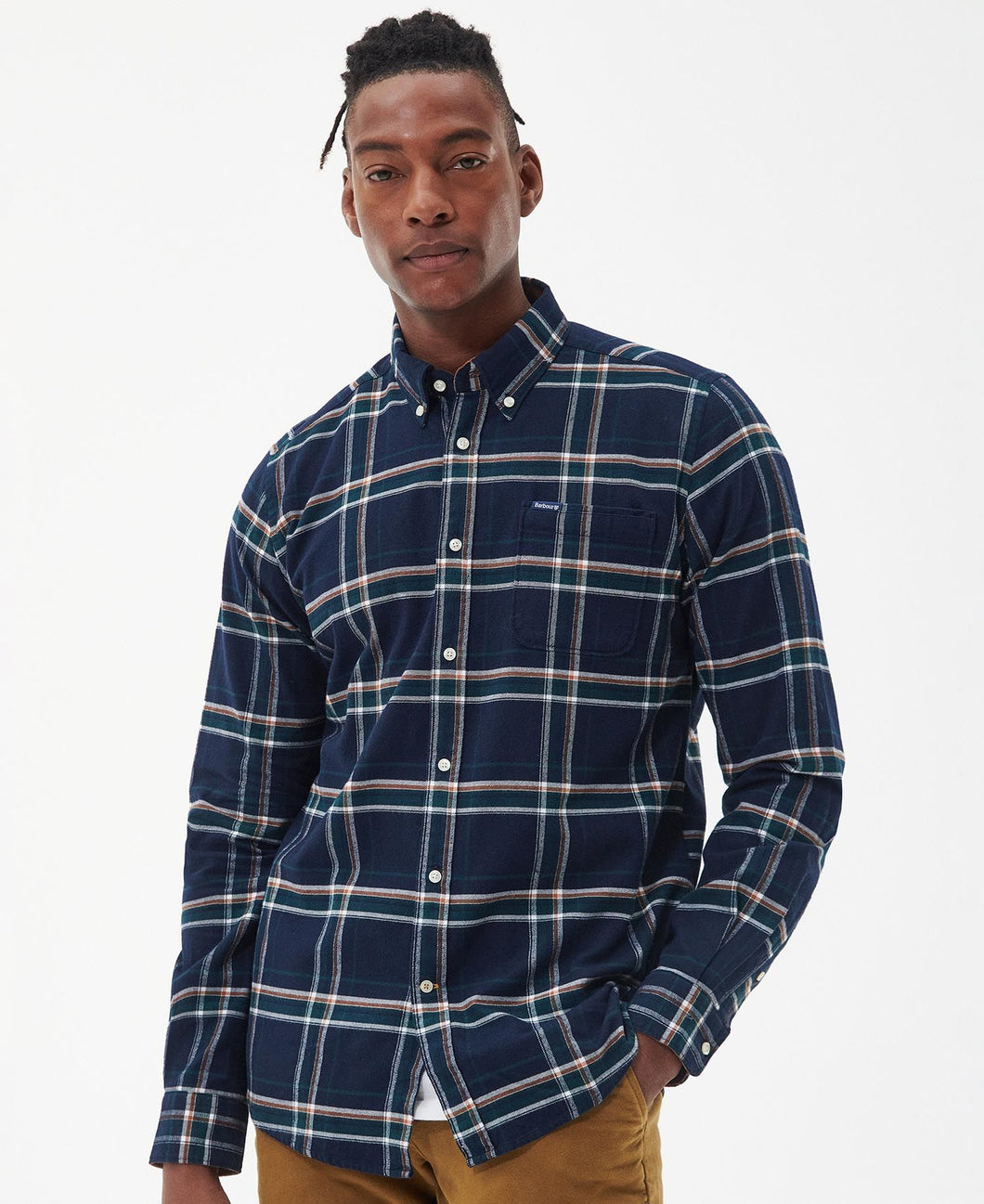 Model wearing Barbour Ronan Tailored Check Shirt in Inky Blue.