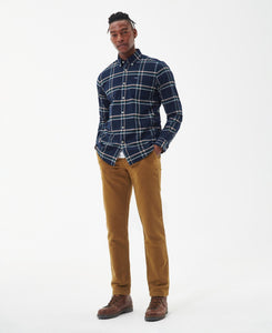 Model wearing Barbour Ronan Tailored Check Shirt in Inky Blue.