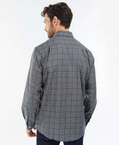 Model wearing Barbour Henderson Thermo Weave Shirt in Navy -back.