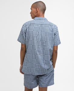 Model wearing Barbour Willowbeach Summer Fit Shirt in Navy - back.