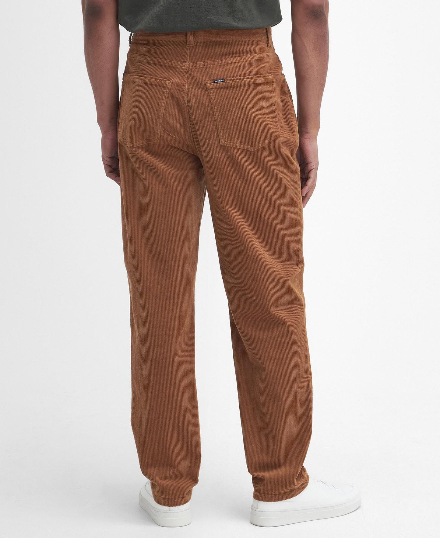 Model wearing Barbour Stretch Cord Trouser in Dark Honey - back.