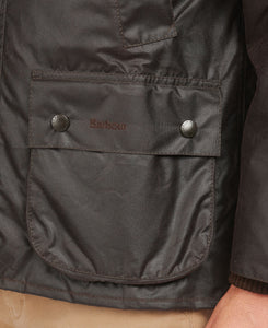 Model wearing Barbour Bedale Wax Jacket in Rustic.