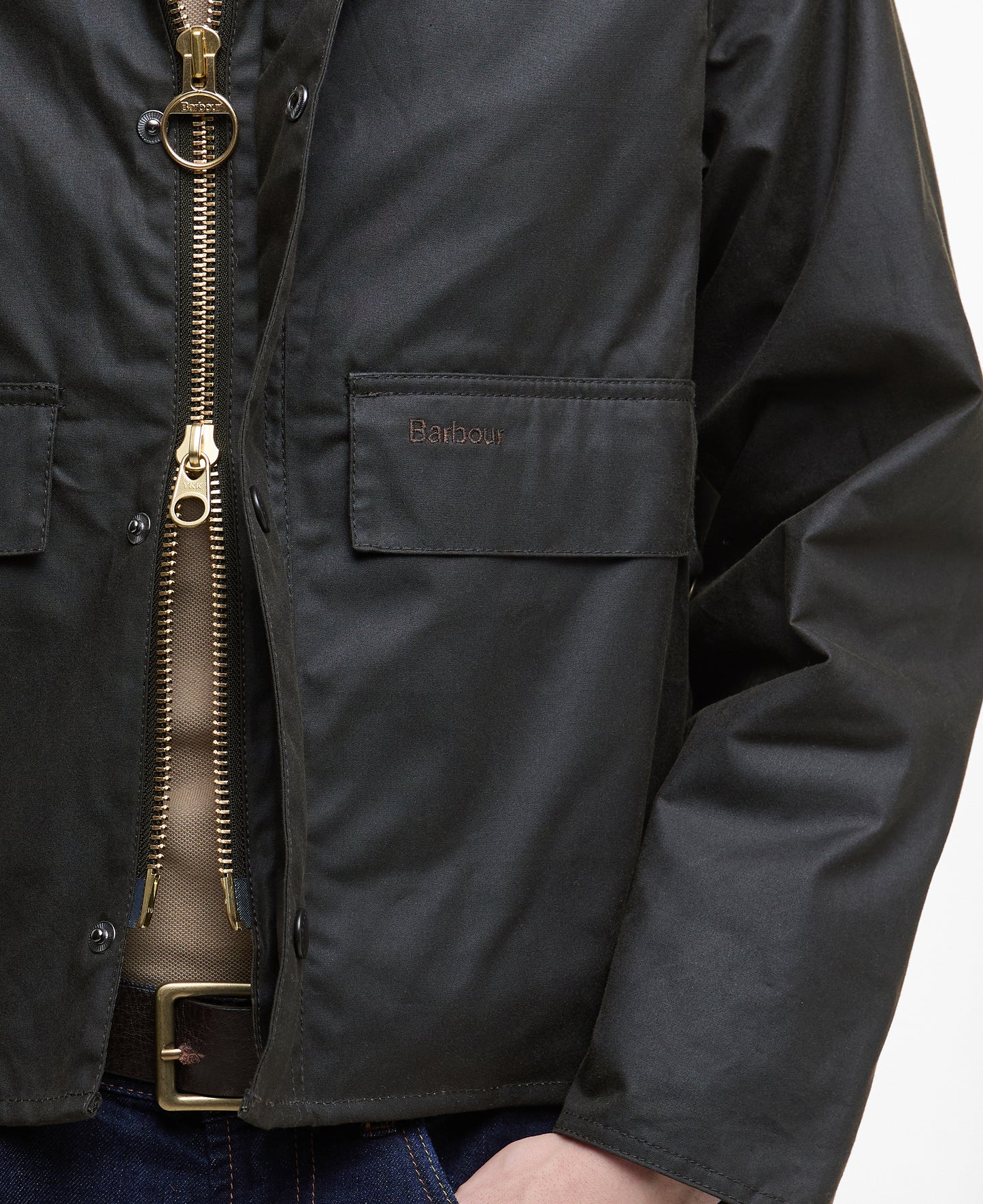Model wearing Barbour Spey Wax Jacket in Olive. 