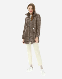 Model wearing Herno - Women's Maria Long Coat in Taupe/Tortora.