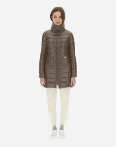 Model wearing Herno - Women's Maria Long Coat in Taupe/Tortora.
