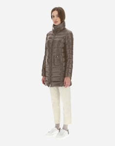 Model wearing Herno - Women's Maria Long Coat in Taupe/Tortora.