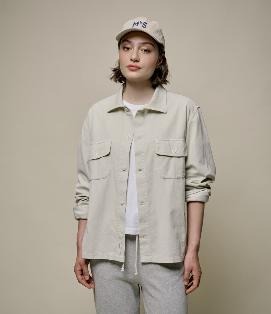 Model wearing Merz B. Schwanen - Good Basics Corduroy Overshirt in Nature.