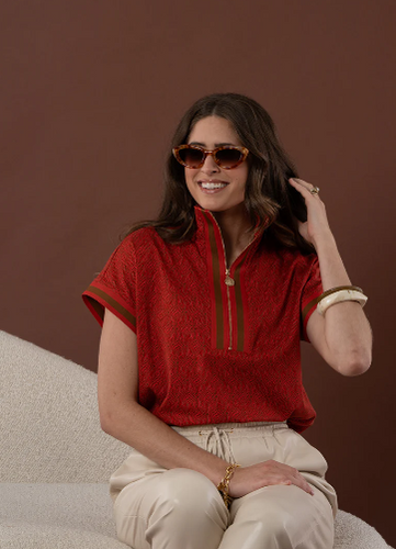 Model wearing Emily McCarthy - Poppy Pullover in Red Tonal Monogram.
