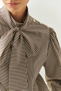 Exquise -Indigo Brown-Bone Striped Cotton Blouse with High Neck, Tie Detail, and Long Sleeves