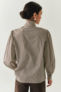 Exquise -Indigo Brown-Bone Striped Cotton Blouse with High Neck, Tie Detail, and Long Sleeves
