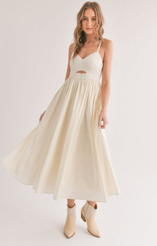 Model wearing Sadie & Sage - Shades on Front Cutout Midi Dress in Ivory.