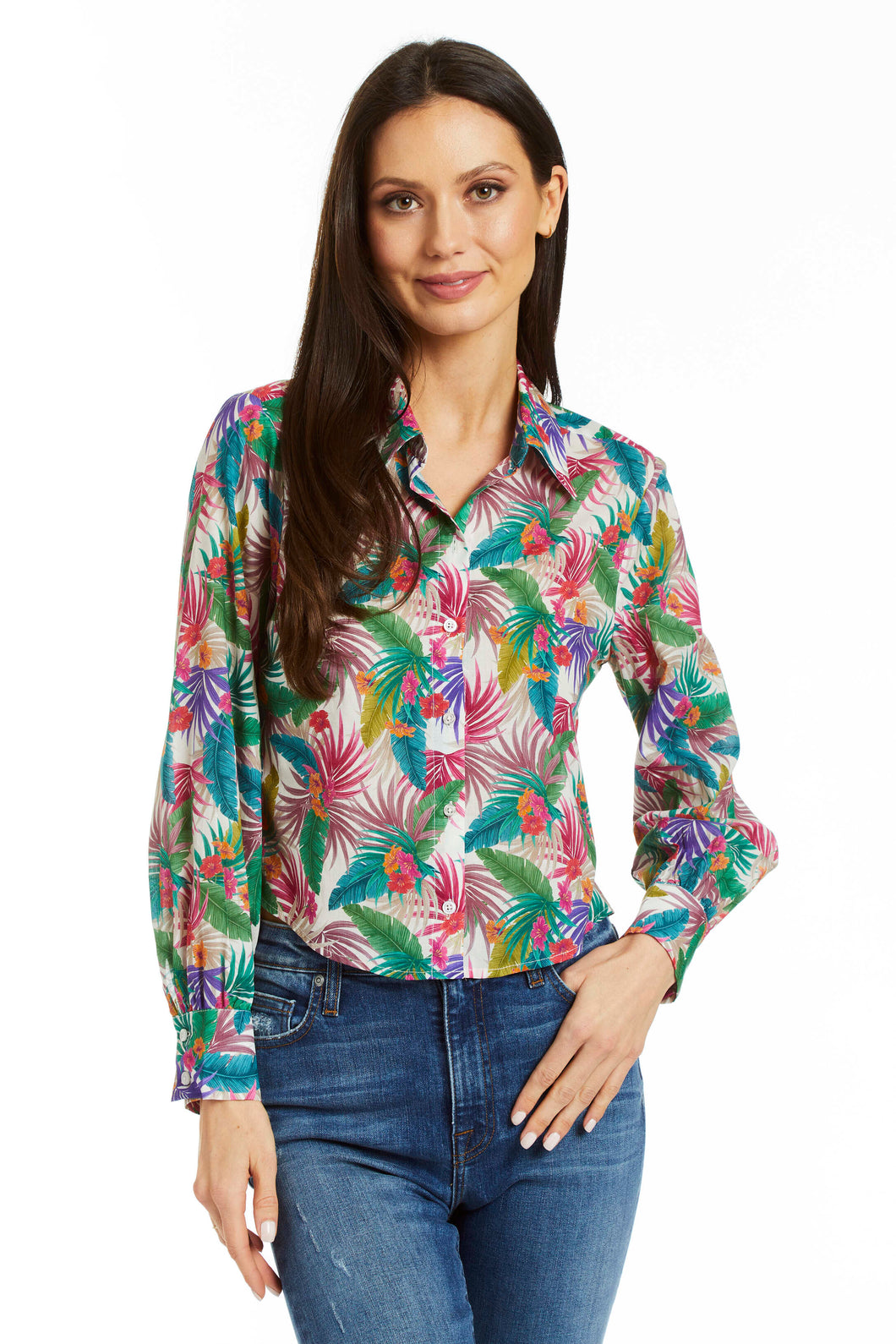Model wearing Drew - Alexa Top in Tropical.