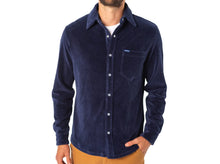 Load image into Gallery viewer, Model wearing Criquet - Velour Rib Knit Pearl Snap Button Down in Navy.

